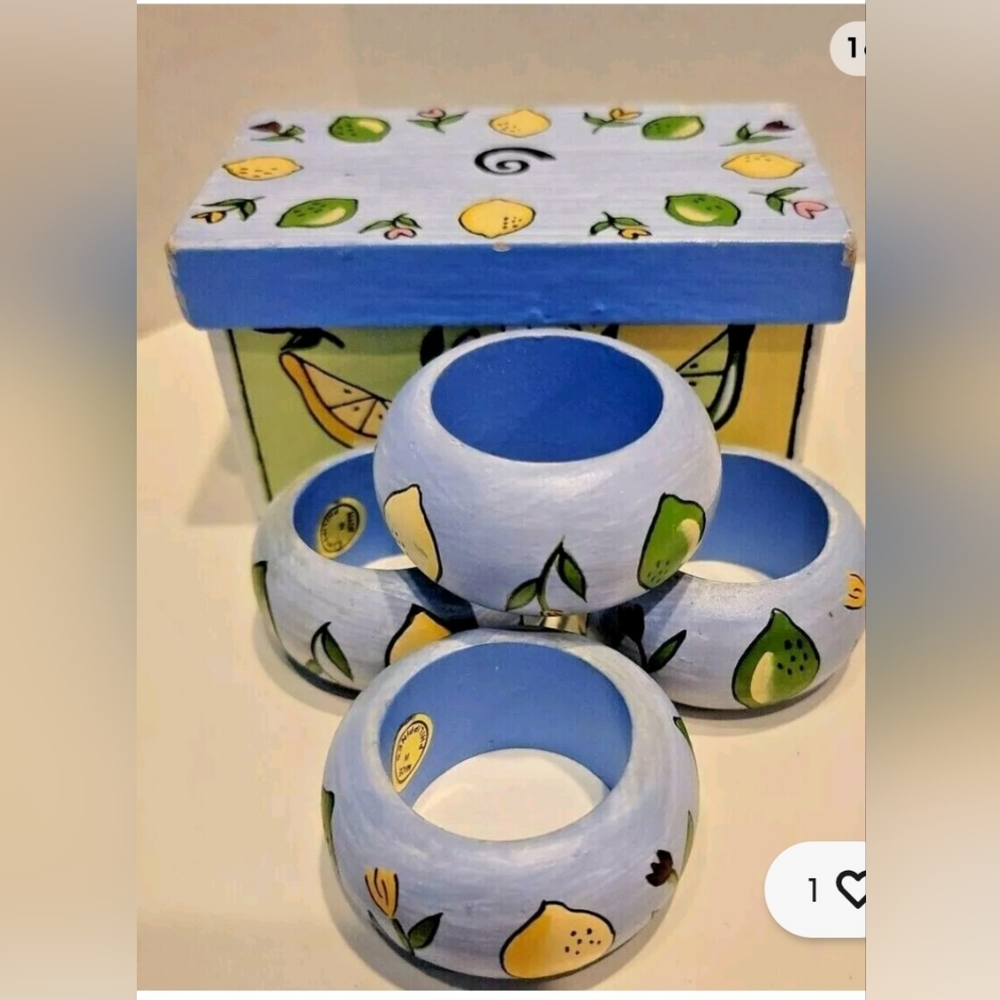 Saparna Handpainted 4 Wooden Napkin Rings Lemons/ Limes Matching Box